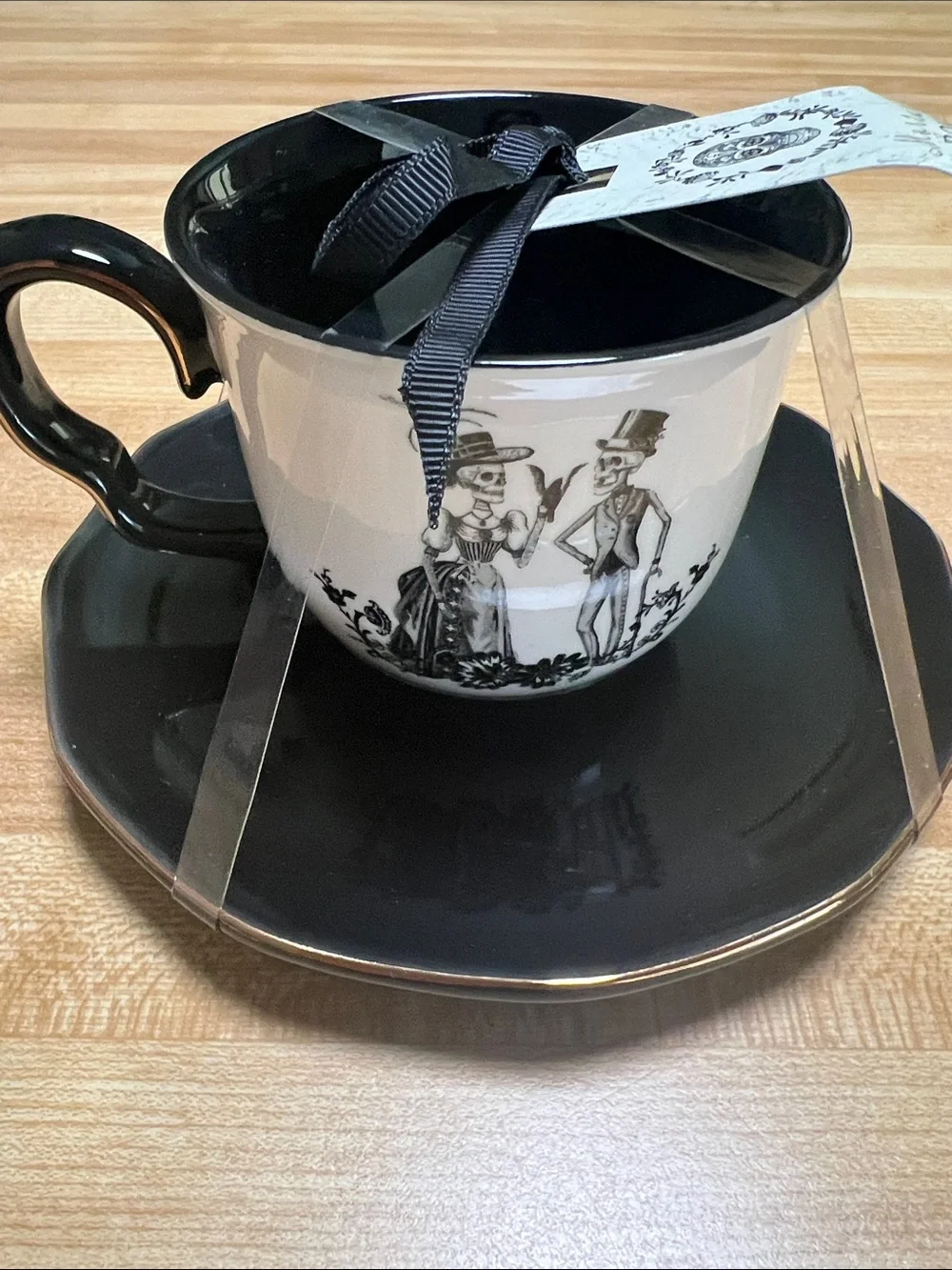#2799**Black & White Skeleton Couple Teacup and Saucer